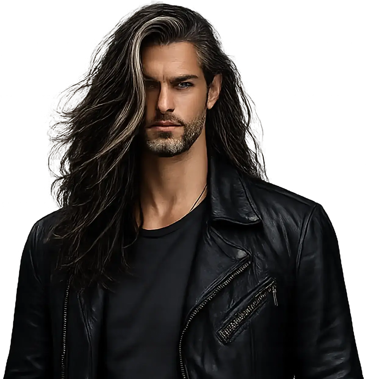 Client du salon, cheveux longs bruns aux reflets clairs et barbe taillée courte.